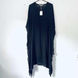 Walter Baker Cover Up One Size Black Acapulco Kaftan Long Tassel Swim Beach NEW